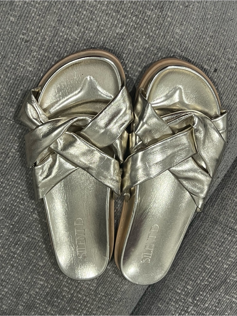 Anthropologie Silent D gold metallic knotted slide sandals